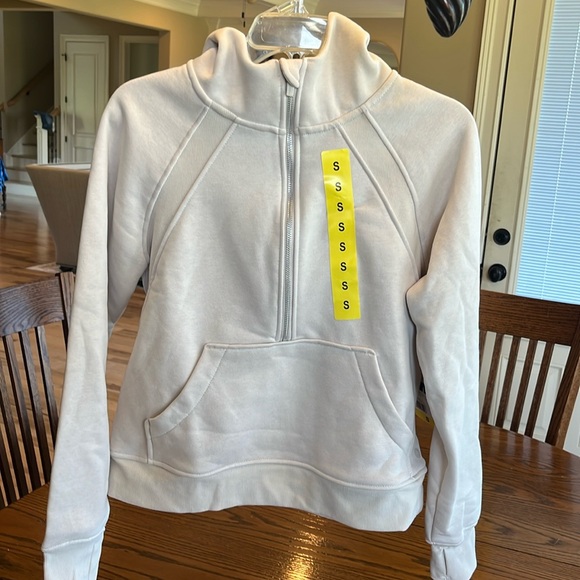 Comfy Scuba Neck Half Zip Beige Hoodie with Front Pocket - Picture 4 of 12